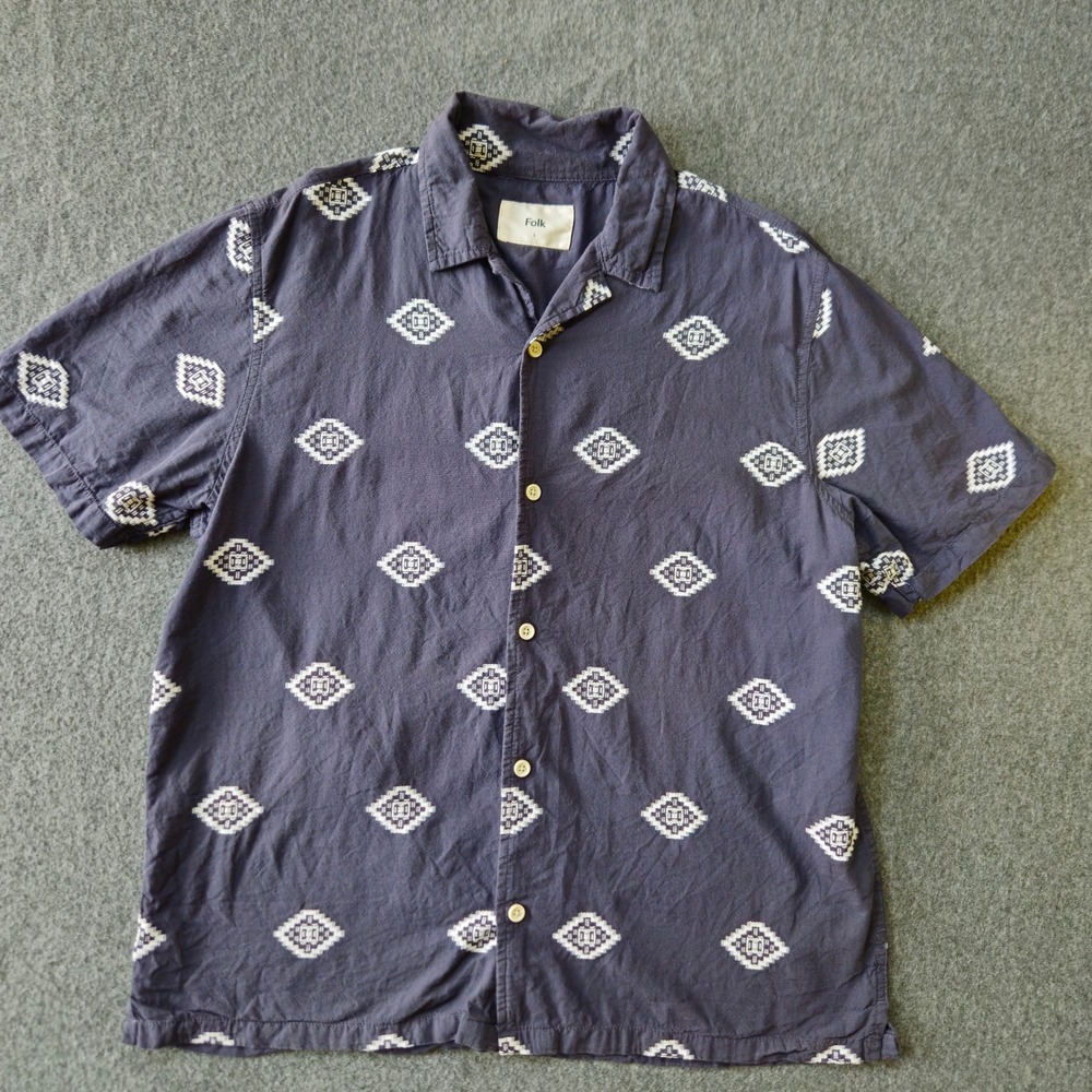 FOLK Navy Geometric Embroidered SS Cotton Button Down Shirt Size L EUC Festival